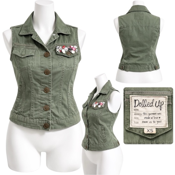 Dolled Up Army Fatigue Green Rhinestone Pocketed Vest - Picture 15 of 15